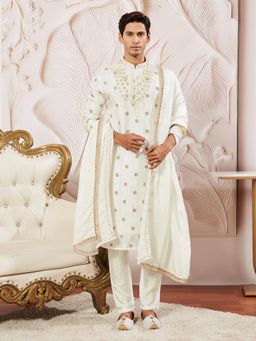 Vastramay - Mens Tissue Silk White Floral Embroidered Kurta with Pyjama & Dupatta (Set of 3)