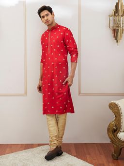 Vastramay - Mens Viscose Red Embroidered Kurta with Pyjama (Set of 2)