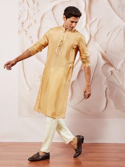 Vastramay - Mens Tissue Silk Gold Solid Regular Kurta with Pyjama (Set of 2)