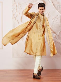 Vastramay - Mens Tissue Silk Gold Solid Regular Kurta with Pyjama & Dupatta (Set of 3)