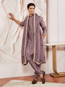 Vastramay - Mens Tissue Silk Lavender Solid Regular Kurta with Pyjama & Dupatta (Set of 3)
