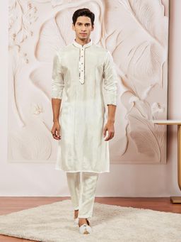 Vastramay - Mens Tissue Silk White Solid Regular Kurta with Pyjama (Set of 2)