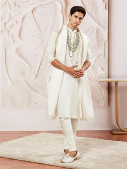 Vastramay - Mens Tissue Silk White Solid Regular Kurta with Pyjama & Dupatta (Set of 3)
