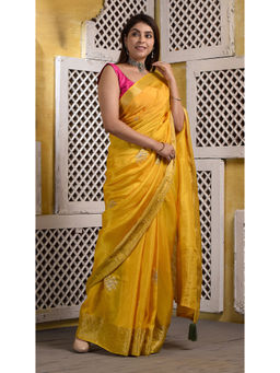 Sutra Attire - Womens Mustard Hand Embellished Zari Border Silk Saree with Unstitched Blouse
