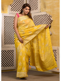 Sutra Attire - Womens Shaded Yellow Silk Saree with Unstitched Blouse with Zari work