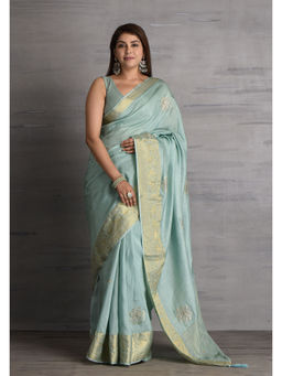 Sutra Attire - Womens Powder Blue Hand Embellished Zari Border Silk Saree with Unstitched Blouse