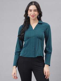 Latin Quarters - Teal Full Sleeves Collared Solid Casual Top