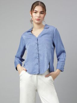 Latin Quarters - Blue Full Sleeve Solid Casual Collar Neck Shirt