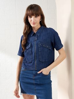 Latin Quarters - Blue Half Sleeves Collared Solid Casual Crop Shirt