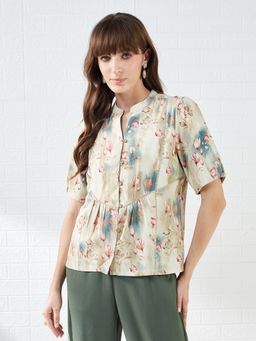 Latin Quarters - Beige Half Sleeves Mandarin Collar Printed Casual Shirt