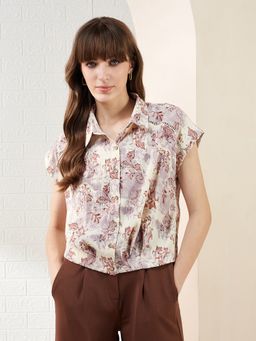 Latin Quarters - Brown Cap Sleeves Collared Casual Crop Shirt