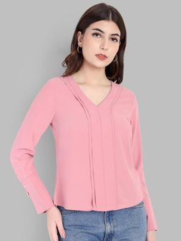 Latin Quarters - Pink Full Sleeves V-Neck Solid Casual Top