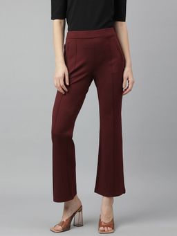 Latin Quarters - Maroon Solid High Rise Casual Trouser