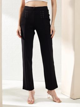 Latin Quarters - Black Solid High Rise Full Length Casual Straight Fit Trouser