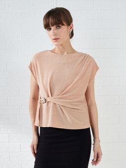 Latin Quarters - Peach Cap Sleeves Boat Neck Solid Party Top