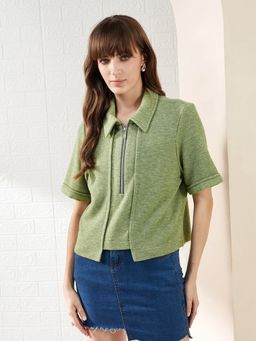 Latin Quarters - Green Half Sleeves Collared Self Design Casual Crop Top