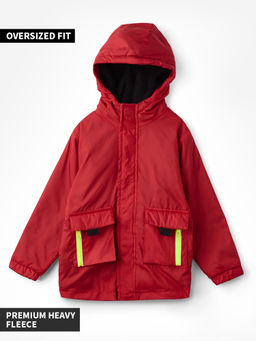 The Souled Store - Original Solids: Deep Red Boys Cotton Hooded Utility Jackets