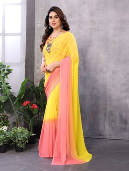 Odette - Women Yellow and Pink Georgette Solid Saree with Unstitched Blouse