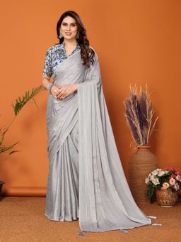 Odette - Women Grey Polyester Solid Saree with Unstitched Blouse