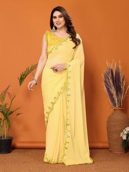 Odette - Women Yellow Georgette Mirror Work Saree with Unstitched Blouse