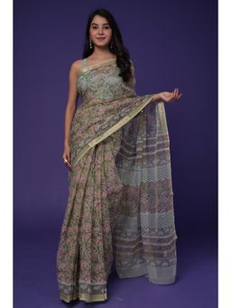 Zari Jaipur - Womens Green Floral Print Saree with Unstitched Blouse