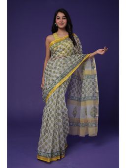 Zari Jaipur - Womens Yellow Floral Print Saree with Unstitched Blouse