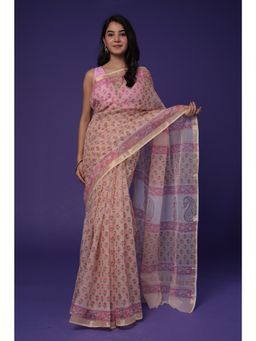 Zari Jaipur - Womens Peach Floral Print Saree with Unstitched Blouse