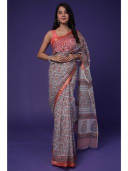 Zari Jaipur - Womens White Floral Print Saree with Unstitched Blouse