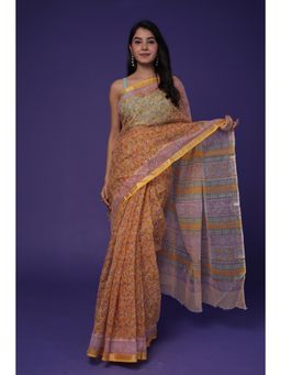 Zari Jaipur - Womens Yellow Floral Print Saree with Unstitched Blouse