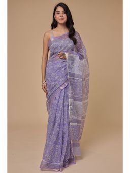 Zari Jaipur - Womens Purple Print Saree with Unstitched Blouse