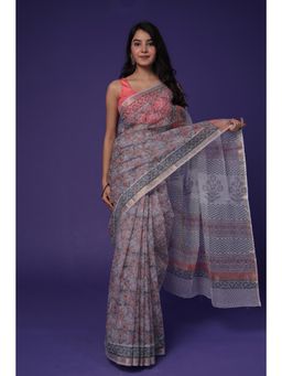 Zari Jaipur - Womens Grey Floral Print Saree with Unstitched Blouse