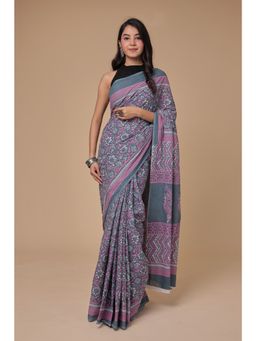 Zari Jaipur - Womens Grey Print Saree with Unstitched Blouse
