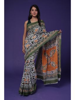 Zari Jaipur - Womens Green Floral Print Saree with Unstitched Blouse
