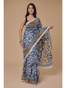 Zari Jaipur - Womens Blue Print Saree with Unstitched Blouse