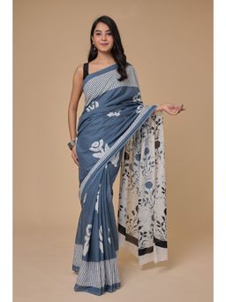 Zari Jaipur - Womens Grey Print Saree with Unstitched Blouse