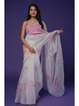 Zari Jaipur - Womens White Organza Floral Print Saree with Unstitched Blouse