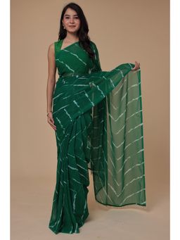 Zari Jaipur - Womens Green Leheriya Embellished Saree with Unstitched Blouse