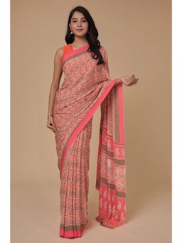Zari Jaipur - Womens Orange Paisley Print Saree with Unstitched Blouse
