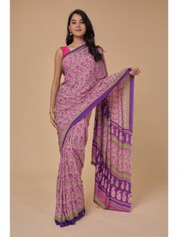 Zari Jaipur - Womens Purple Paisley Print Saree with Unstitched Blouse