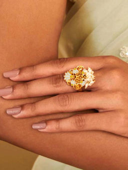 ZARIIN - 22KT Gold Dipped in White Enamel Song of Water Lotus Ring