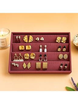 La Trove - Premium Maroon Velvet 4 Section Earrings Organiser Display Tray