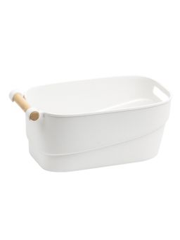 STOR - White Storage Bin with Wooden Handle