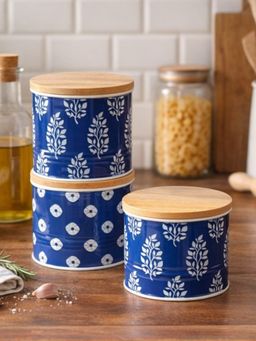 VarEesha - Blue Printed Airtight Metal Containers with Lid (Pack of 3)