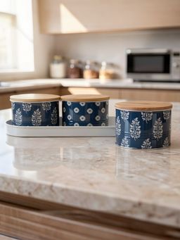 VarEesha - Blue Printed Airtight Metal Containers with Lid & Tray (Pack of 3)