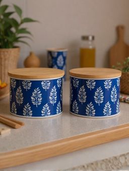 VarEesha - Blue Paisley Leaf Printed Airtight Metal Containers with Lid (Pack of 2)