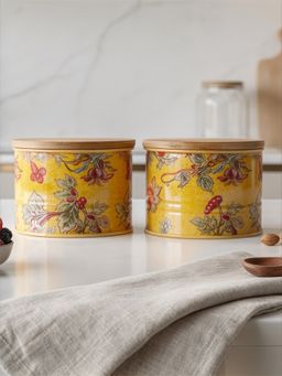 VarEesha - Yellow Floral Printed Airtight Metal Containers with Lid (Pack of 2)