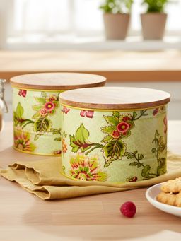 VarEesha - Green Floral Printed Airtight Metal Containers with Lid (Pack of 2)