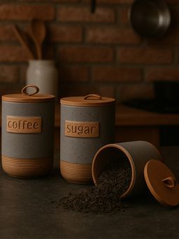 Aarvi Decor - Grey Ceramic Easy To Clean Jar Containers with Lid (Pack of 3)