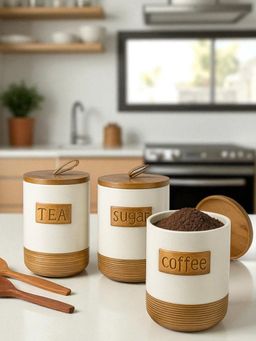 Aarvi Decor - White Ceramic Easy To Clean Jar Containers with Lid (Pack of 3)