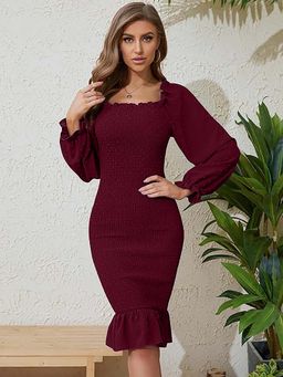 Outzidr - Maroon Fish Tail Solid Bodycon Party Dress